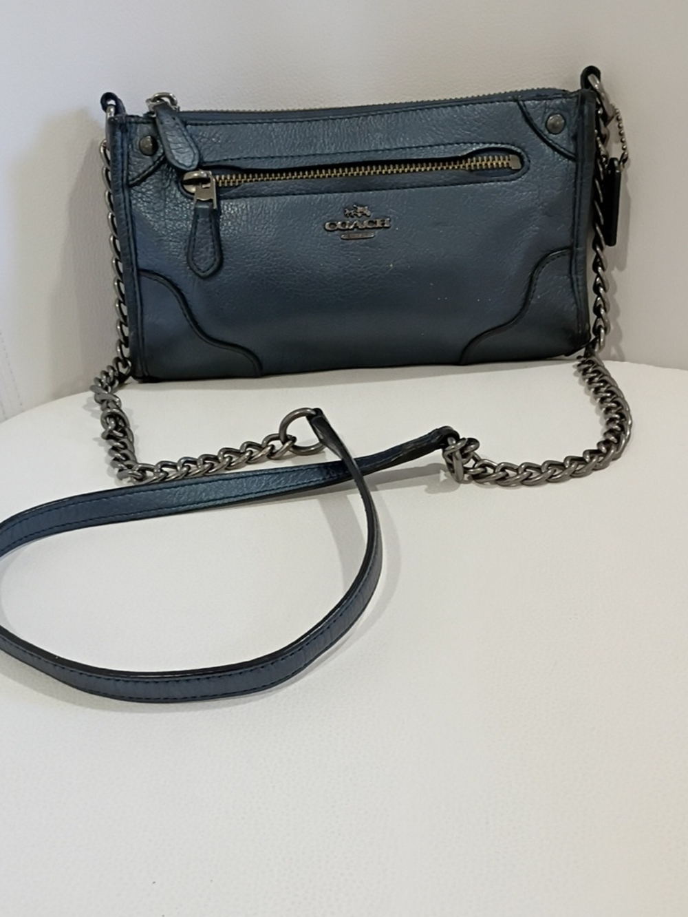 Coach Metallic Slate Blue Pebbled Leather And Gunmetal Hardware Chain Crossbody